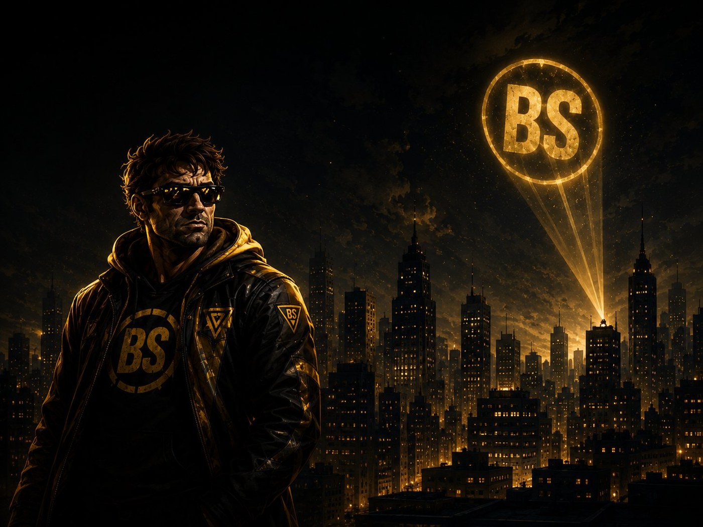 BS Man on the rooftops of a noir city, with the BS signal lighting up the night sky